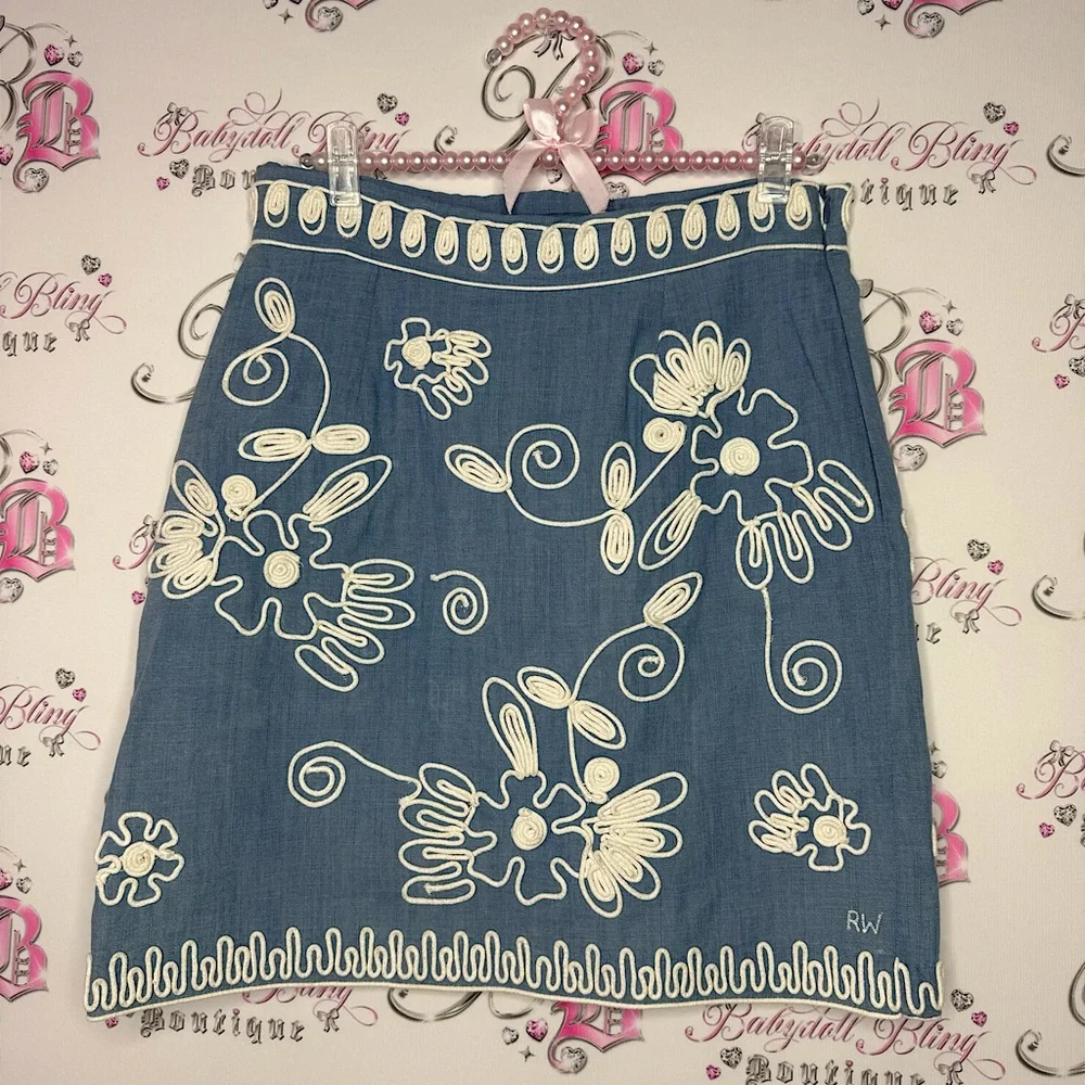 River woods skirt corset lace up tie ribbon embroidered floral flowers denim - Picture 1 of 13